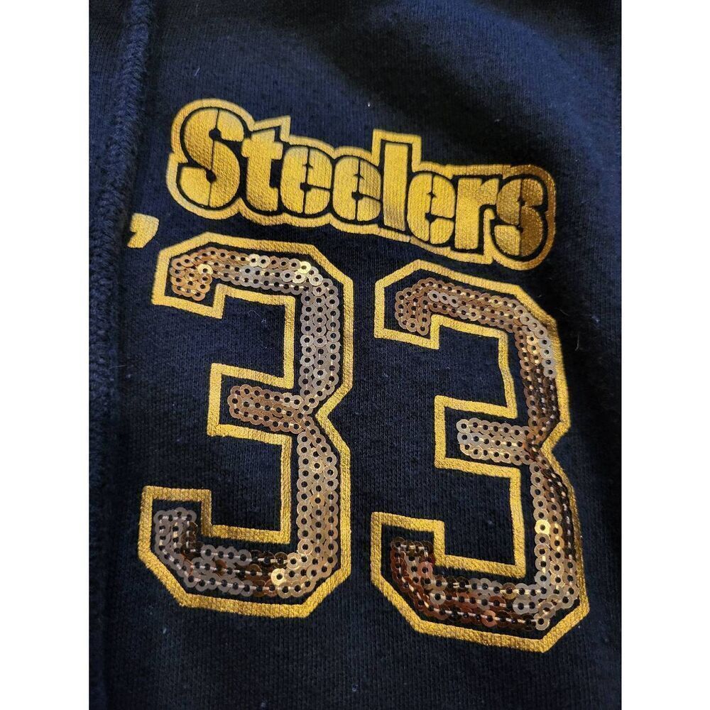 Vintage PINK Victoria's Secret NFL Hoodie Women's Medium Black Sequin Steelers - Picture 4 of 5